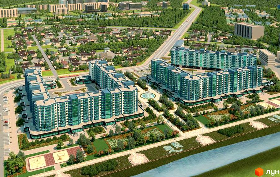 Житловий комплекс Лазурний: багатоповерхові будинки з зеленою обробкою фасадів та прибудинкова територія з парком та водоймою.