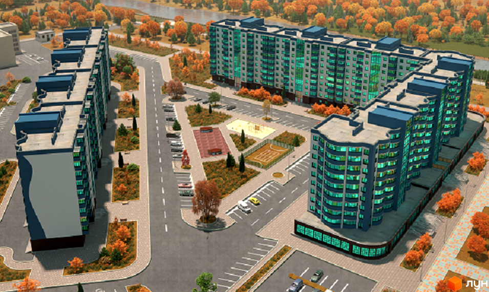 Зовнішній вигляд житлового комплексу Лазурний з багатоповерховими будинками та прибудинковою територією з дитячим майданчиком та парковкою.