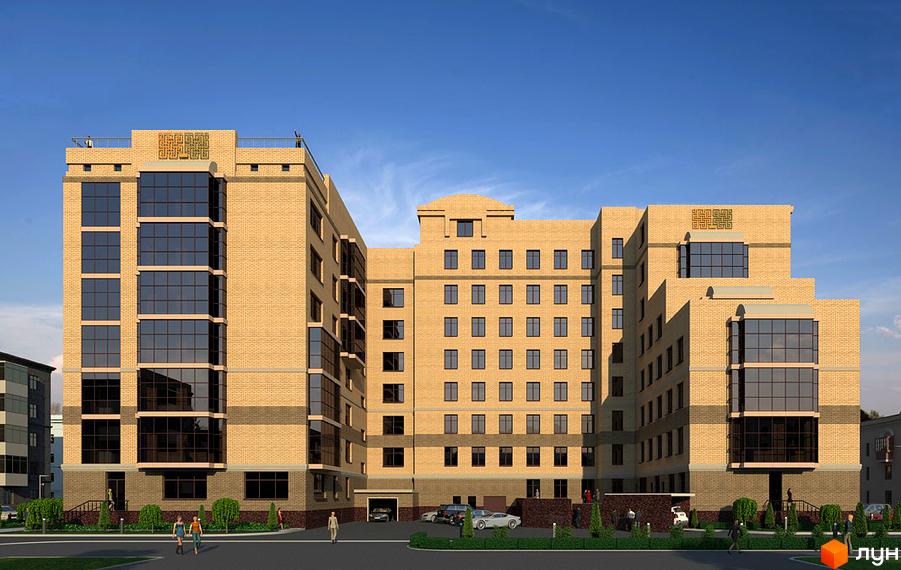 Житловий комплекс Palladio: багатоповерхові корпуси зі світлої цегли та темними вікнами. Навколо – зелені насадження та парковка.