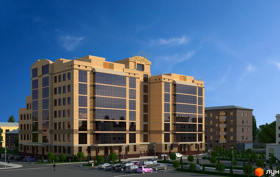 Житловий комплекс Palladio: багатоповерхова будівля з цегляним фасадом та темними вікнами. Поруч парковка з автомобілями та зелені насадження.