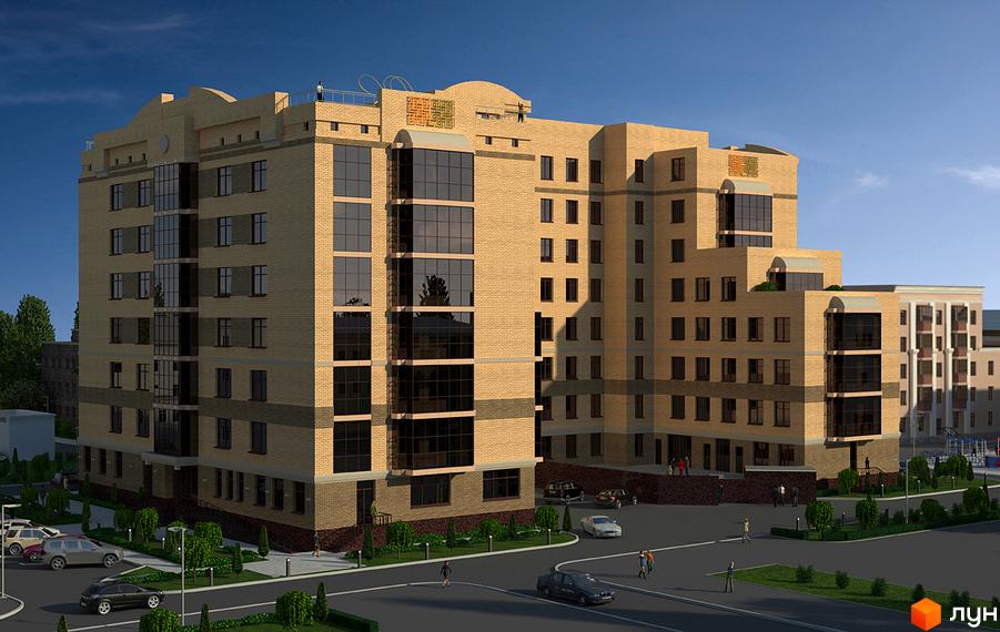 Зовнішній вигляд житлового комплексу Palladio з цегляним фасадом, великими вікнами та прибудинковою територією з зеленими насадженнями та автомобілями.