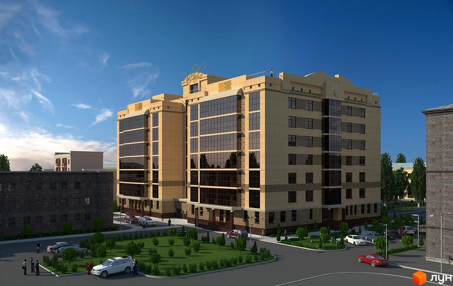 Зовнішній вигляд житлового комплексу Palladio: світла цегляна фасадна частина з великими темними вікнами, зелена прибудинкова територія з деревами та автомобілями.