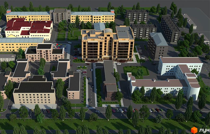 Житловий комплекс Palladio: вид зверху на багатоповерхові будинки з сірими та бежевими фасадами, зелену прибудинкову територію з деревами та автостоянками.