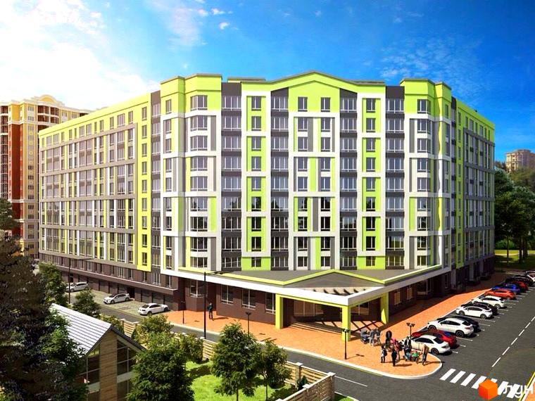 Житловий комплекс Lemongrass - багатоповерховий будинок з яскравим фасадом у жовто-зелених тонах. На прибудинковій території розташована парковка та зелені насадження.