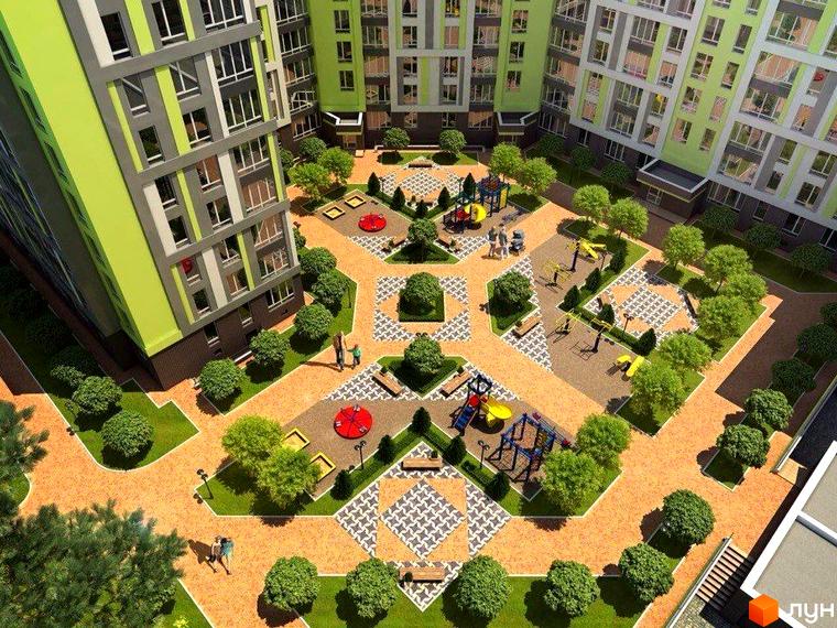 Житловий комплекс Lemongrass: зелені фасади будівель та облаштований внутрішній двір з дитячими майданчиками та зонами відпочинку.