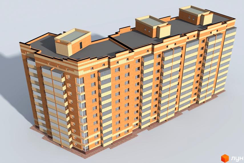 Зовнішній вигляд багатоповерхового будинку з оранжевою цегляною кладкою та сірими та жовтими смугами на фасаді. Будинок має плаский дах з невеликими надбудовами.