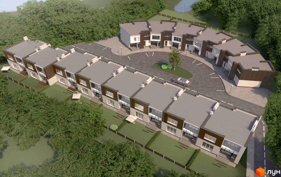 Зовнішній вигляд котеджів Котеджного Двору „Паштет“ з сірими дахами та коричневими елементами фасаду. Прибудинкова територія з газоном, парканом та деревами.