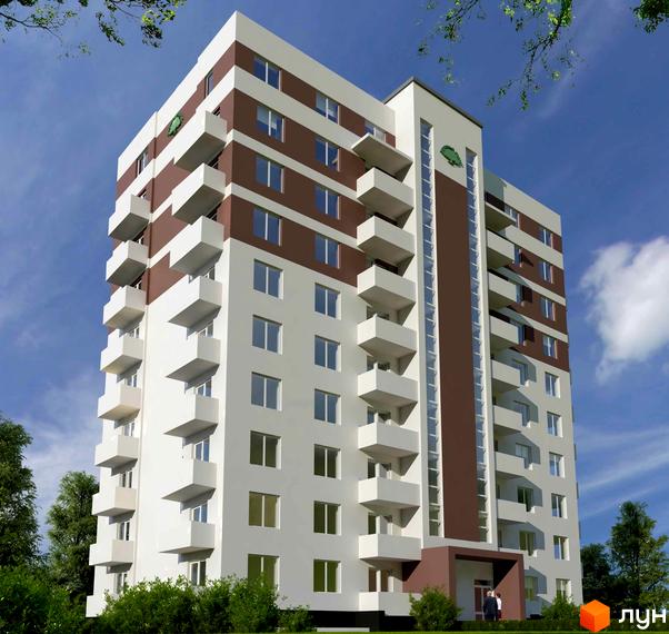 Зовнішній вигляд житлового комплексу Грушка - багатоповерхова будівля з коричневими та білими смугами та балконами. Навколо зелені дерева та кущі.