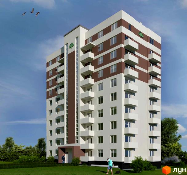 Житловий комплекс Грушка – висотна новобудова з білими та коричневими фасадами, балконами та зеленим подвір'ям. Навколо будинку зелена зона з деревами та травою.