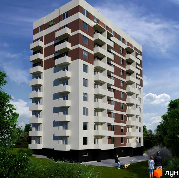 Новобудова ЖК Грушка з коричнево-білим фасадом та численними балконами. Навколо будинку зелена зона з деревами та людьми, що гуляють.