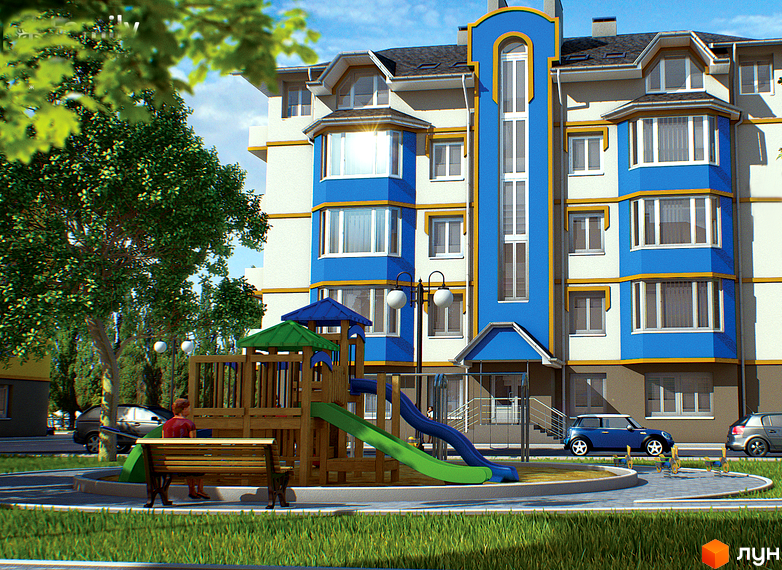 Житловий комплекс Family: фасади будівель у синьо-білих тонах з жовтими акцентами. Дитячий майданчик та лавка на зеленій прибудинковій території.