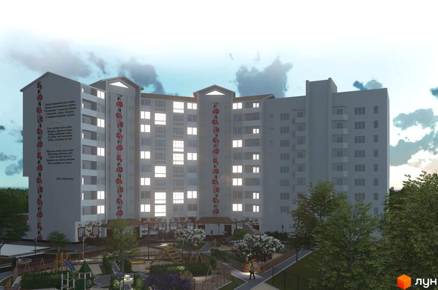 Житловий комплекс Тарасова Світлиця: багатоповерховий будинок з червоними маками на фасаді та освітленими вікнами, оточений зеленим двором з дитячим майданчиком.