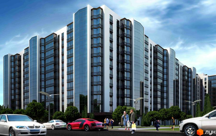 ЖК River Park: багатоповерхова будівля з білим фасадом, великими скляними вікнами та балконами. Навколо зелені насадження, дорога та автомобілі.