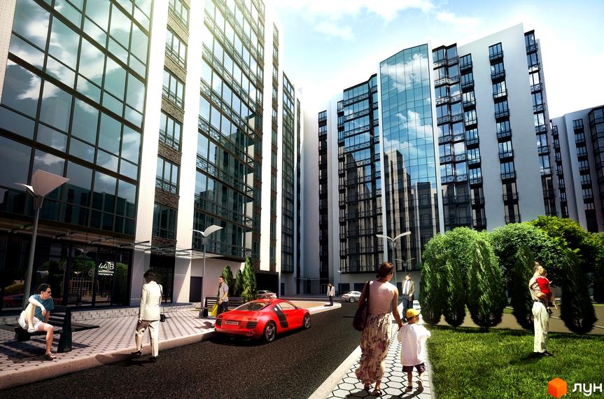 Багатоповерхові будинки Житлового комплексу River Park зі скляними фасадами та балконами. Прибудинкова територія має зелені насадження та доріжки.