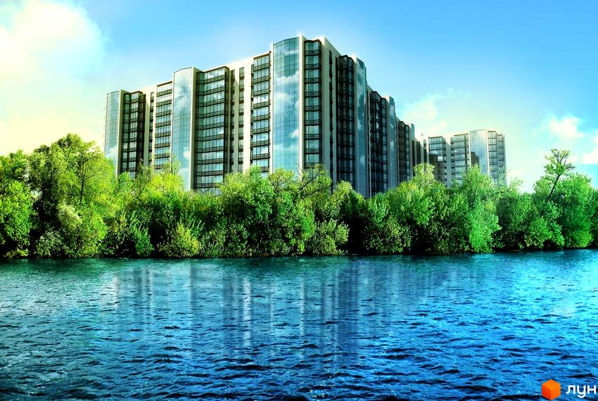Житловий комплекс River Park: багатоповерховий будинок зі світлим фасадом та скляними вікнами, що відбивають небо. Перед ним річка та зелені дерева.