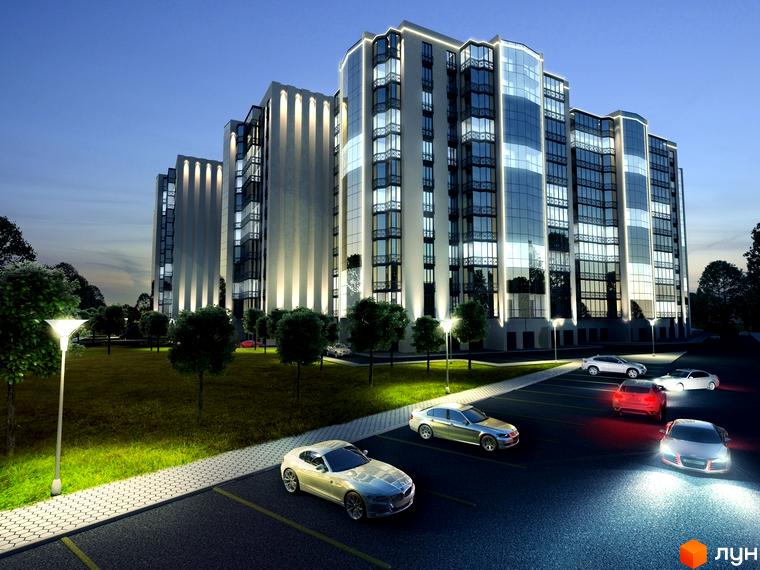 Житловий комплекс River Park ввечері: багатоповерхові будинки зі скляними фасадами та освітленням, прибудинкова територія з газоном, деревами та парковкою.