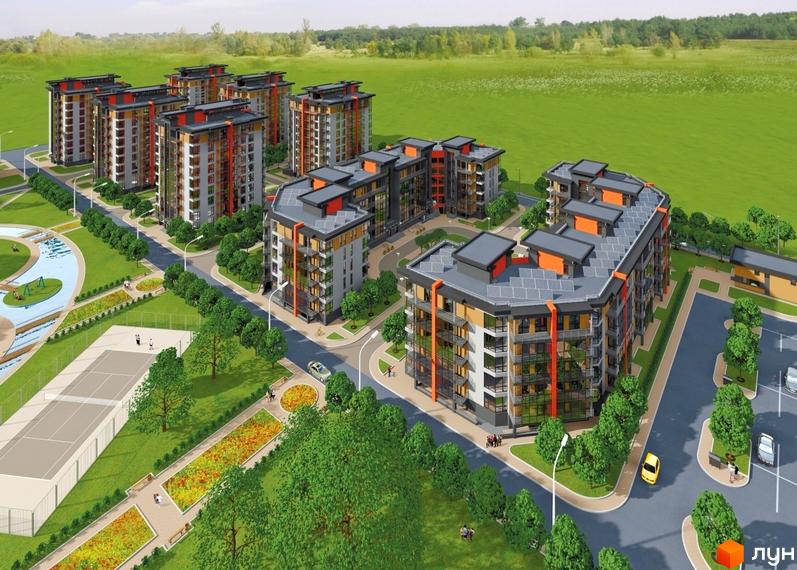 Житловий комплекс Airport city. Багатоповерхові будинки з сірими дахами та помаранчевими елементами, зелені газони, дерева, тенісний корт та дитячий майданчик.