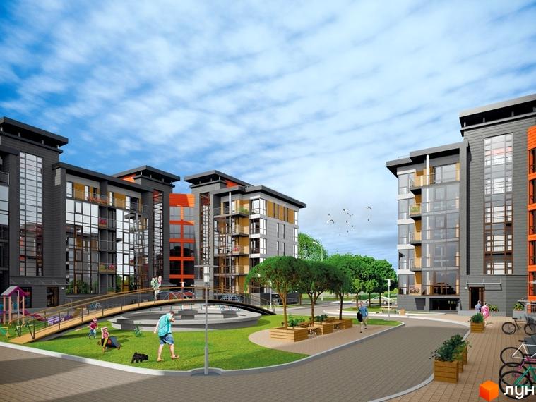 Житловий комплекс Airport city: будинки з темно-сірими фасадами, великими вікнами та помаранчевими акцентами. Зелена прибудинкова територія з дитячим майданчиком.