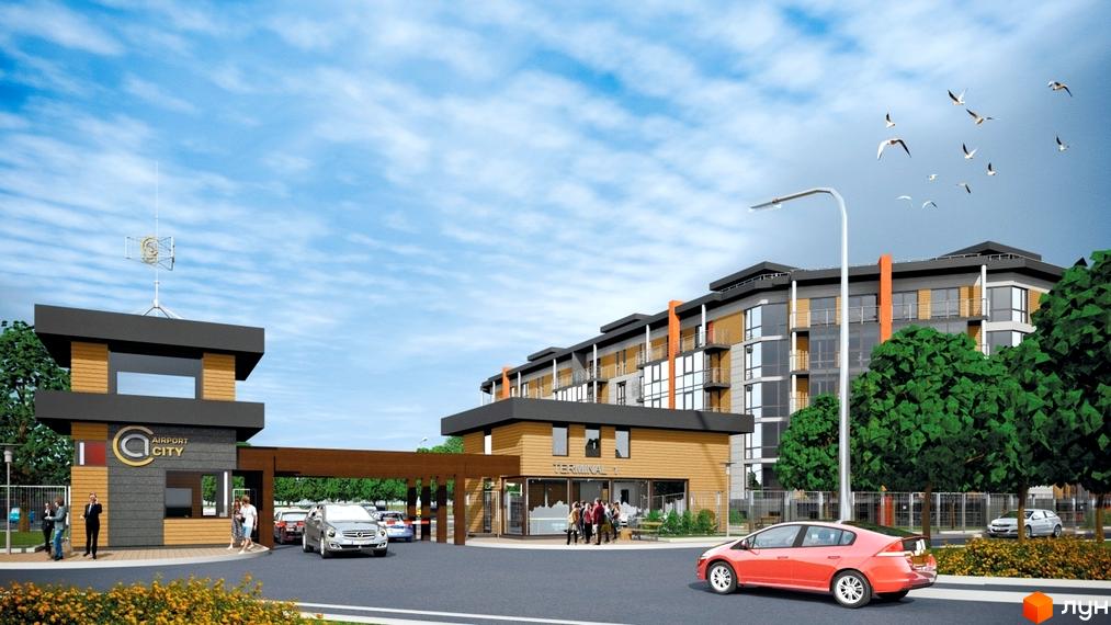 Багатоповерховий житловий будинок Житлового комплексу Airport city з сірим фасадом, дерев'яними елементами та балконами. На території розташовані в'їзна група, зелені насадження та автомобілі.