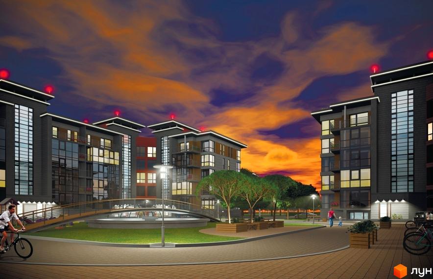 Житловий комплекс Airport city: багатоповерхові будинки з темним фасадом, великими вікнами та балконами. Прибудинкова територія з газоном, пішохідним мостом та деревами.