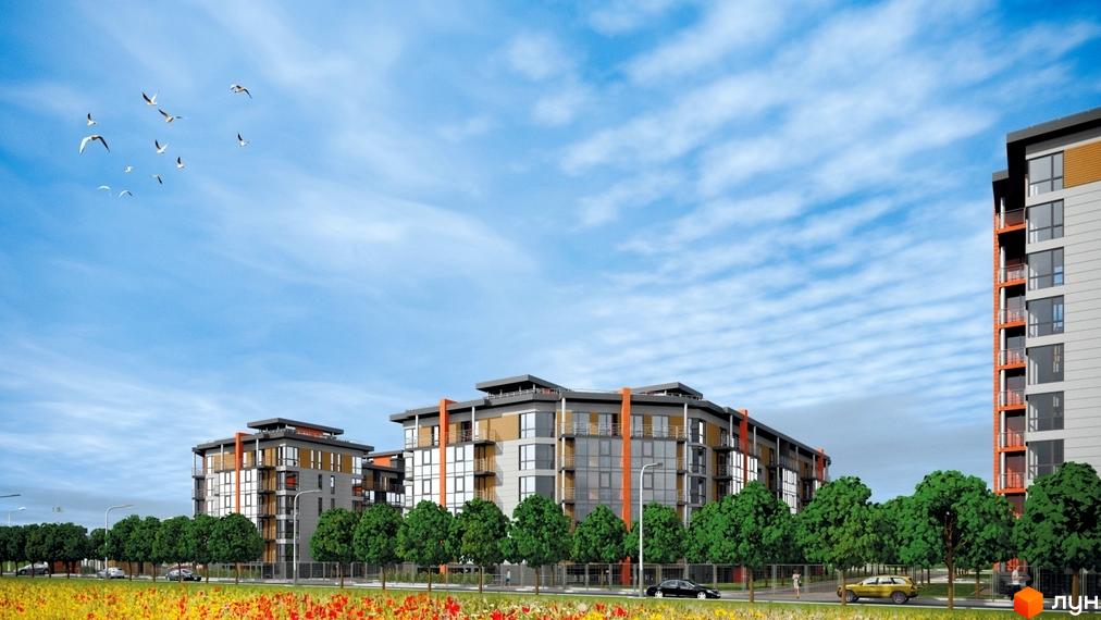 Житловий комплекс Airport city: багатоповерхові будинки з сірими фасадами та помаранчевими елементами. Поруч дорога, зелені дерева та поле квітів.