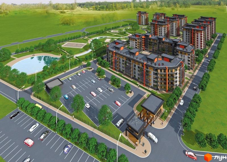 Житловий комплекс Airport city: багатоповерхові будинки з помаранчевими та сірими фасадами, прибудинкова територія з паркінгами, озером та спортивним майданчиком.
