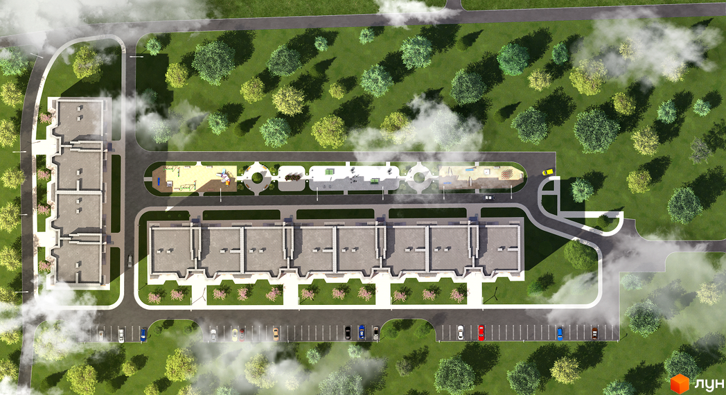 Житловий комплекс Spring Town: вид зверху на багатоквартирні будинки, парковки та облаштовану територію з дитячими майданчиками та зеленими зонами.