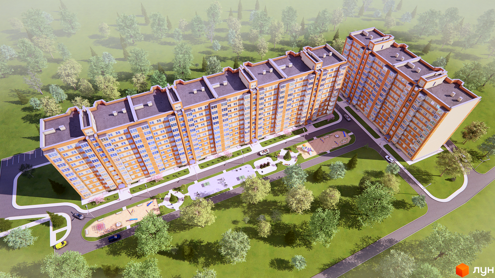 Житловий комплекс Spring Town з високими будинками помаранчевого кольору та прибудинковою територією з зеленими насадженнями та дитячими майданчиками.