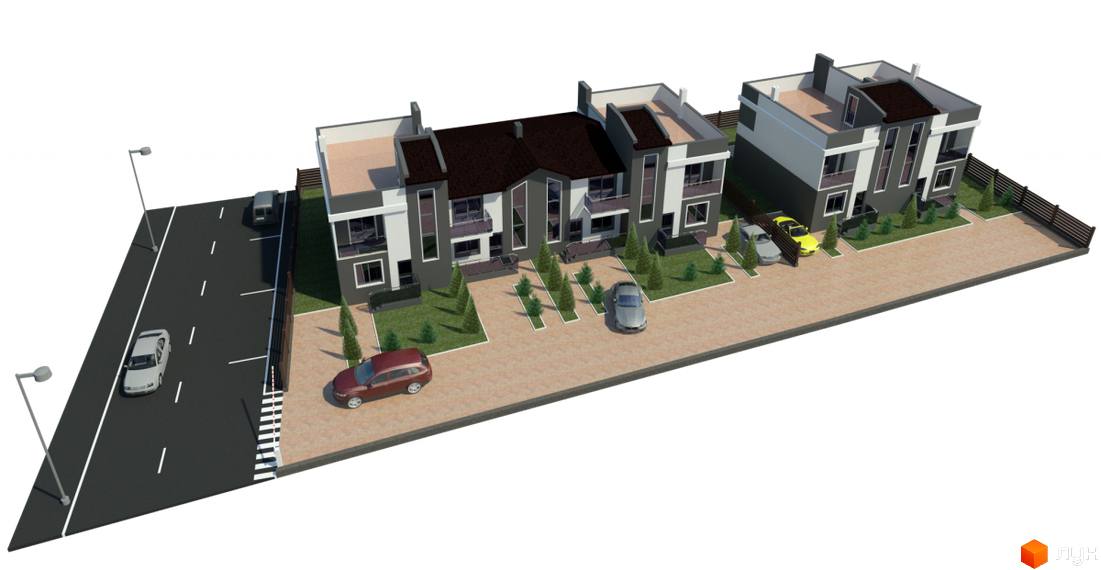 Таунхаус „Емірати“: будинки з темними дахами, світло-сірими фасадами та балконами. Територія має парковки, зелені насадження та дорогу.