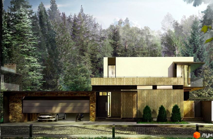 Котеджне містечко Брюховель: Будинок з цегляним гаражем, дерев'яним оздобленням та світлим верхнім поверхом. Перед будинком доріжка та хвойні дерева, за ним ліс.