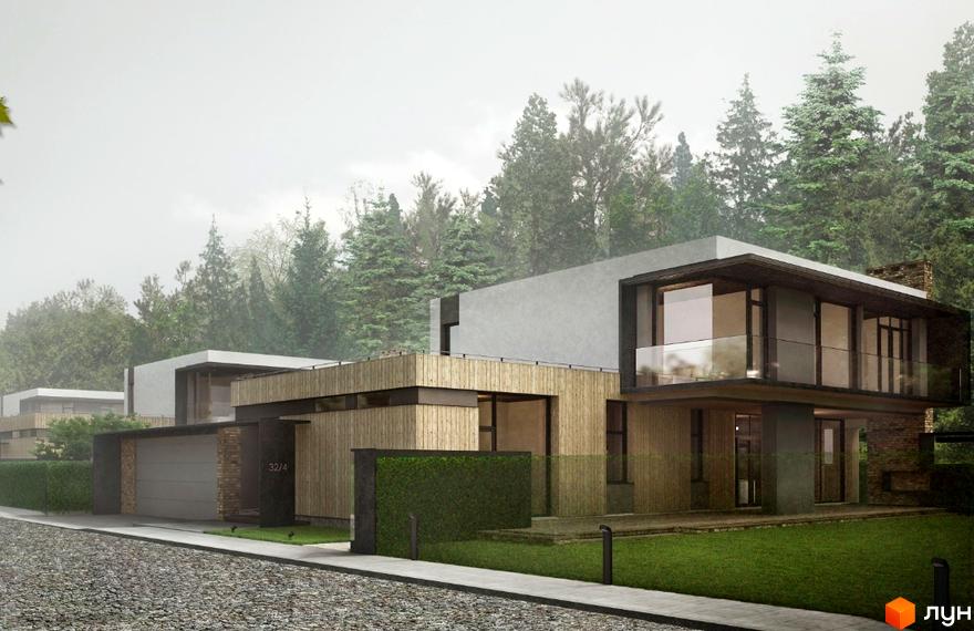 Котеджне містечко Брюховель: багаторівневий будинок з дерев'яним облицюванням, сірими фасадами та великими вікнами. Перед будинком зелений газон та бруківка.