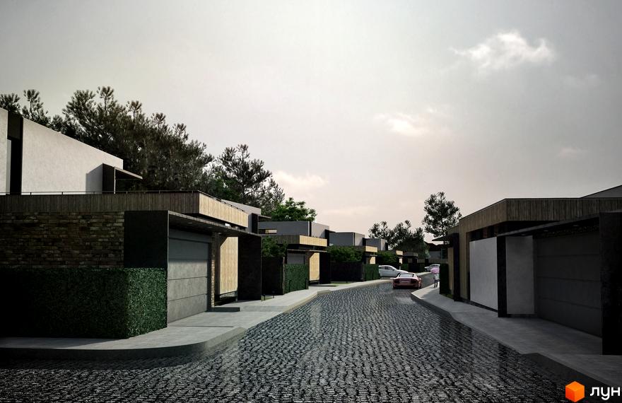 Будинки Котеджного містечка Брюховель з комбінованими фасадами та гаражами. Вулиця з бруківкою та зеленими насадженнями.