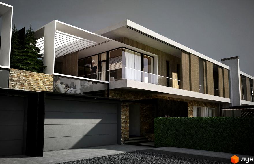 Котеджне містечко Брюховель: Багаторівневий будинок з комбінованим фасадом, великими вікнами та балконами. Перед будинком є гараж та зелена огорожа.