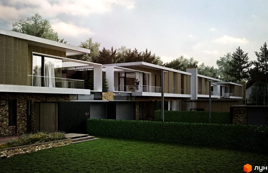 Котеджне містечко Брюховель: будинки з плоскими дахами, дерев'яними фасадами, великими вікнами та балконами. Навколо зелений газон.