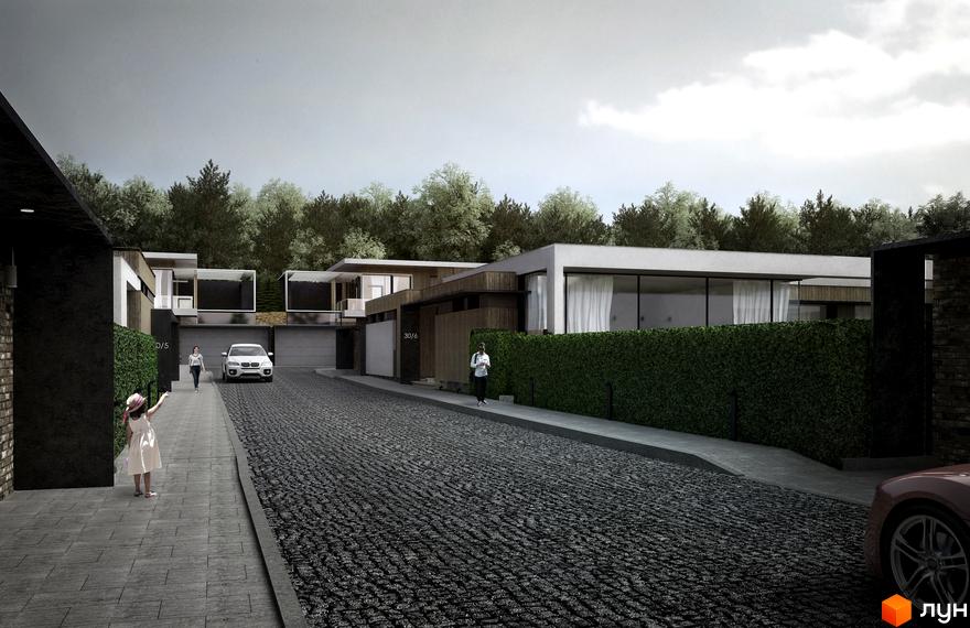 Котеджне містечко Брюховель: будинки з панорамними вікнами та комбінованими фасадами. Вулиця з бруківкою, доріжки та зелені огорожі.