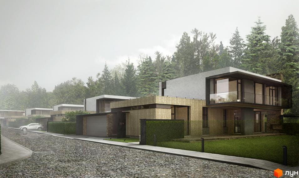 Будинки Котеджного містечка Брюховель з фасадами з дерева та світлих панелей, великими вікнами. Брукована дорога, газони та живоплоти.