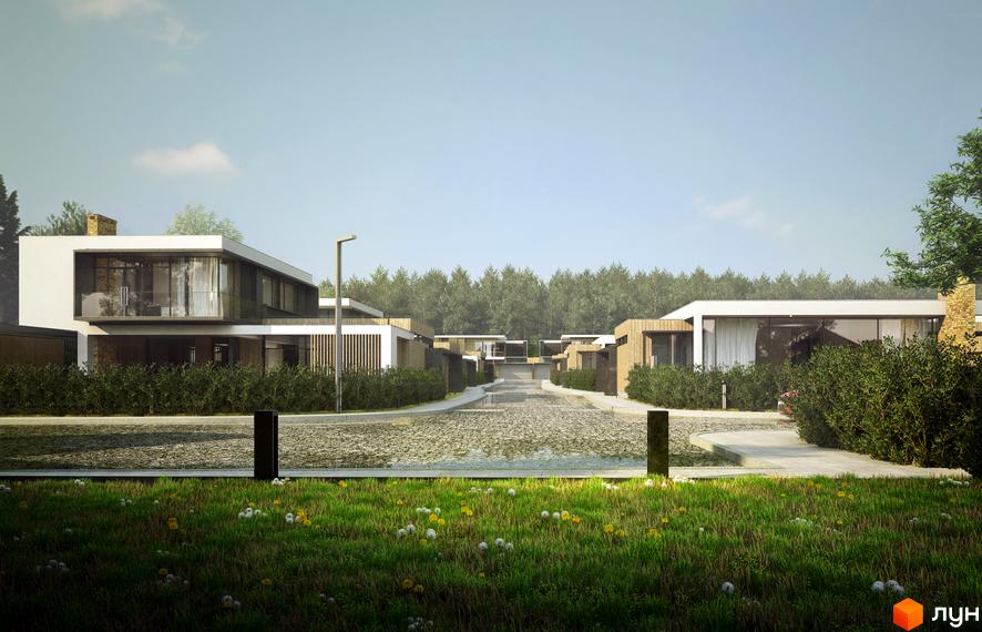 Котеджне містечко Брюховель: котеджі з білими стінами, великими вікнами та дерев'яними елементами. Територія з доріжками та зеленими кущами.