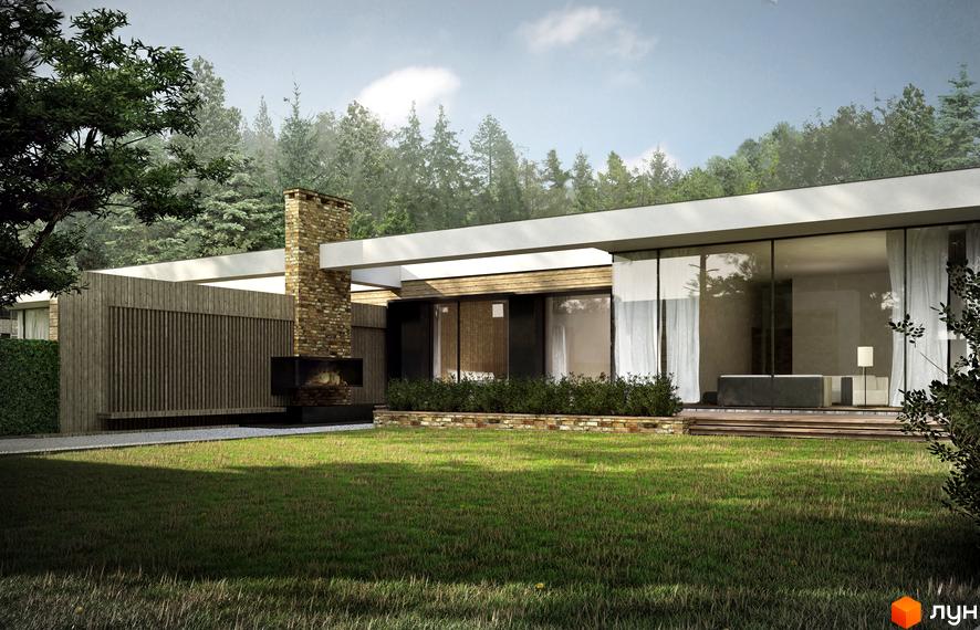 Котеджне містечко Брюховель: одноповерховий будинок з великими вікнами, дерев'яним фасадом та цегляним каміном. Навколо будинку зелений газон та дерева.