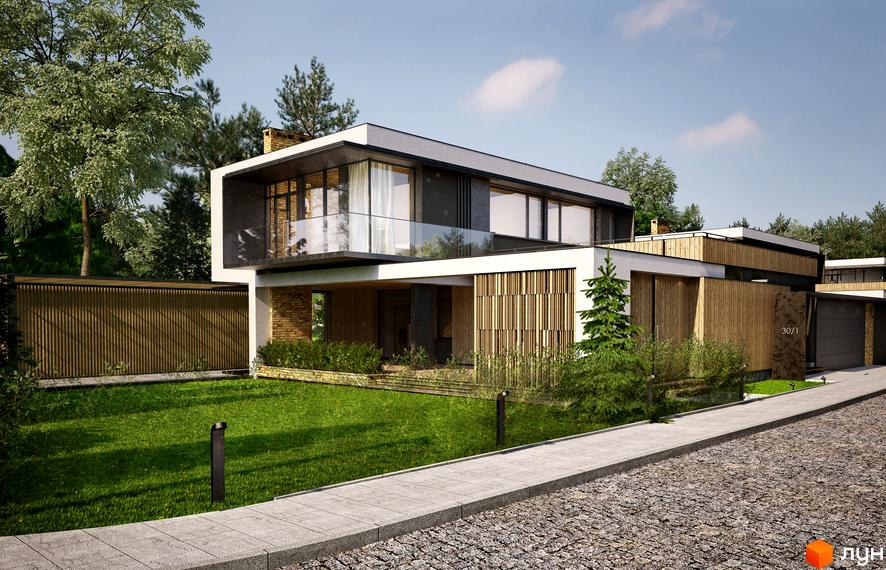 Котеджне містечко Брюховель: будинок з великими вікнами, балконом зі скляними перилами та дерев'яними елементами фасаду. Перед будинком зелений газон та доріжка.