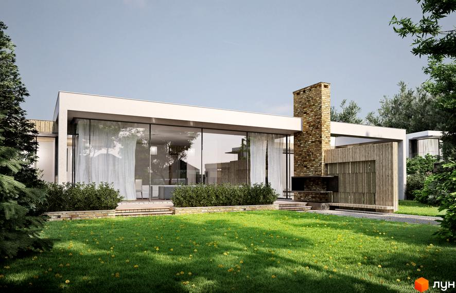 Будинок Котеджного містечка Брюховель з панорамними вікнами, білим фасадом та цегляним димарем на тлі зеленого газону.