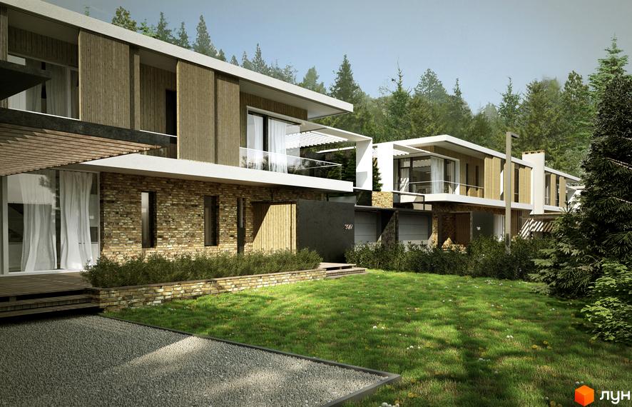 Будинки котеджного містечка Брюховель з цегляними та дерев'яними фасадами, великими вікнами. На передньому плані зелений газон та хвойні дерева.