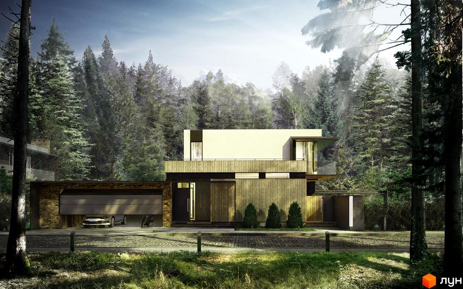 Будинок Котеджного містечка Брюховель з світлим фасадом та дерев'яним оздобленням, розташований серед лісу. На передньому плані видно гараж та вимощену доріжку.