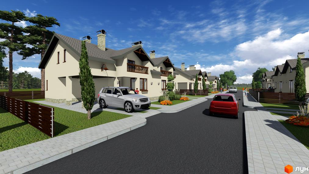 Ряд двоповерхових будинків зі світлими фасадами, темними дахами та кам'яними елементами. Вулиця з асфальтовим покриттям, бруківкою та зеленими газонами.