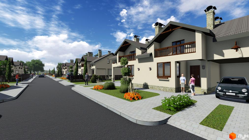 Ряд двоповерхових будинків зі світлими фасадами, темними дахами та кам'яними елементами. Вулиця з брукованими доріжками, зеленими газонами та рослинами.