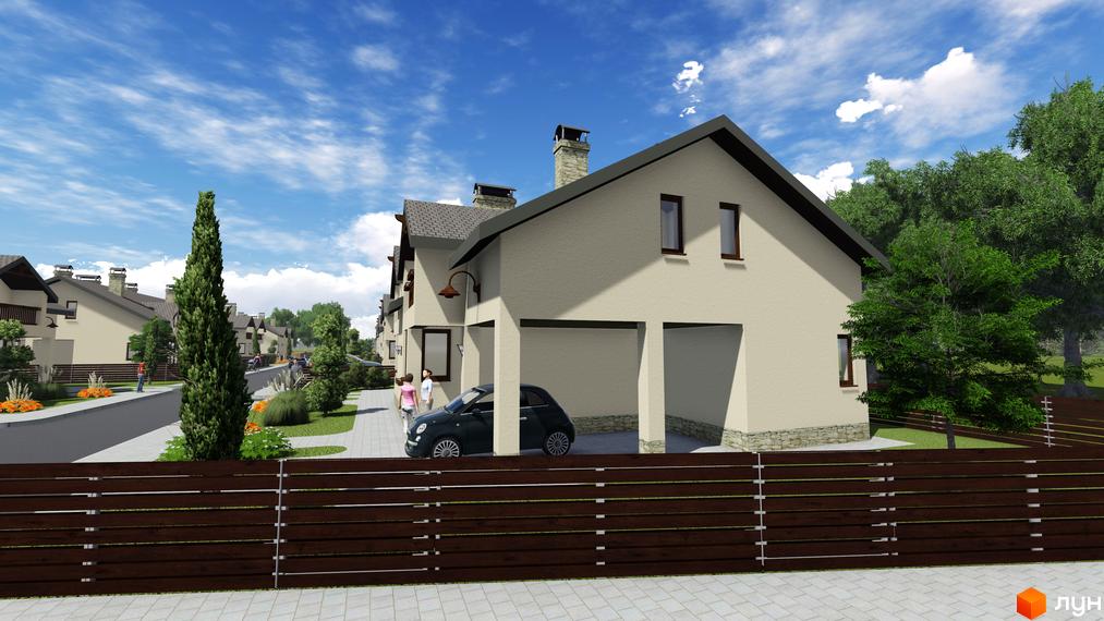 Фасад будинку бежевого кольору з кам'яною основою, темним дахом та двома навісами для авто на вул. Бічна Івана Франка, 35-37. Територія з огорожею та зеленими насадженнями.