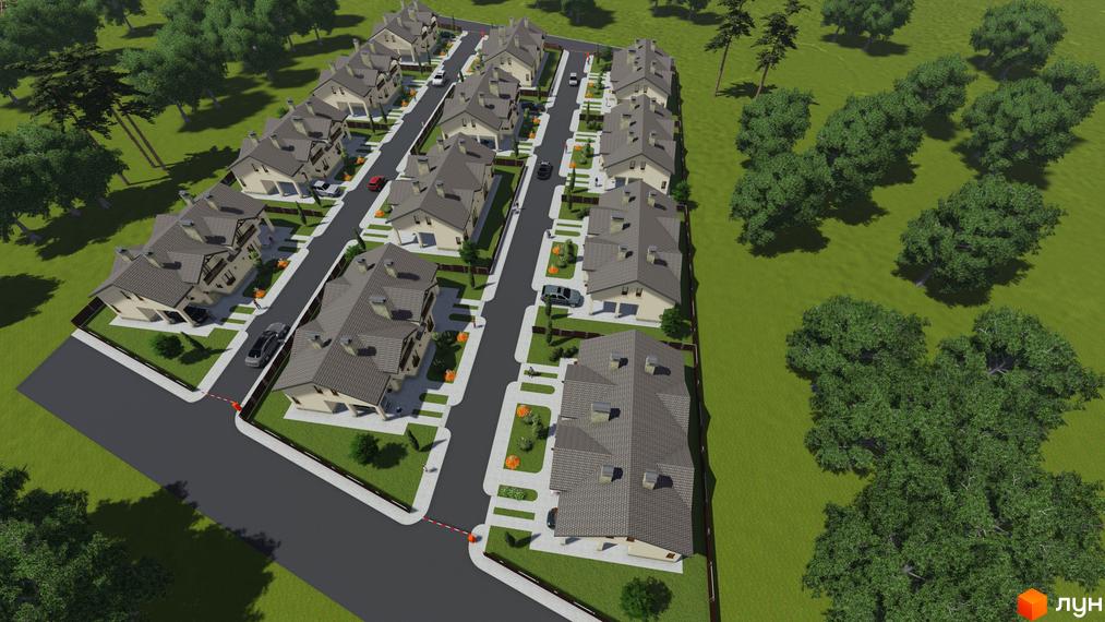 Котеджне містечко на вул. Бічна Івана Франка, 35-37: вид зверху на будинки зі світлими фасадами, сірими дахами та прибудинковими ділянками, оточене зеленню.