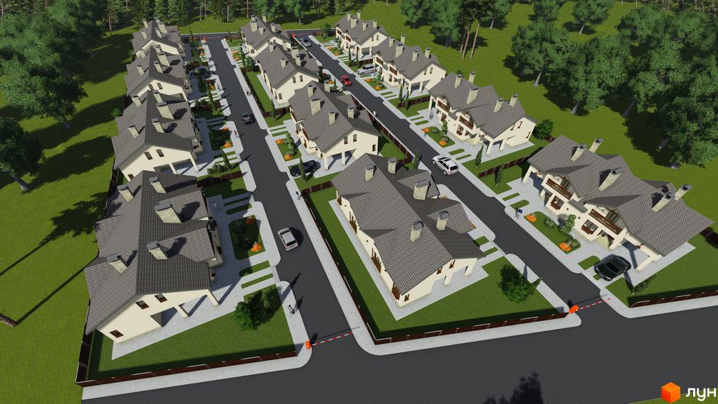 Вид зверху на котеджне містечко по вул. Бічна Івана Франка, 35-37: ряди двоповерхових котеджів з світлими фасадами, сірими дахами та зеленими газонами.