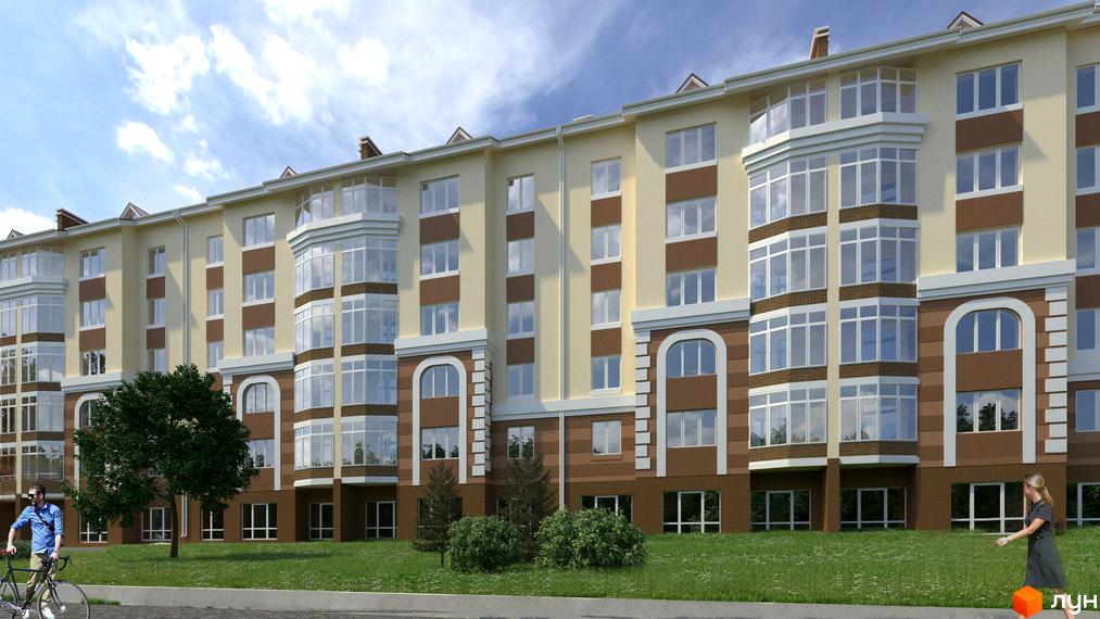 Житловий комплекс Щасливий: багатоповерховий будинок бежевого кольору з коричневими вставками та великими вікнами. Перед ним зелений газон з деревами.