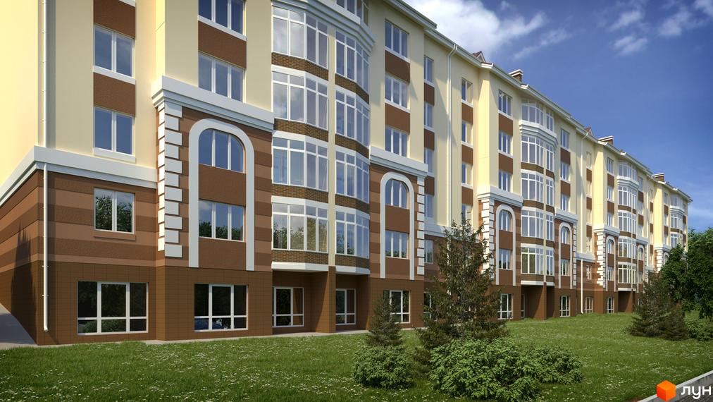 Житловий комплекс Щасливий: багатоповерховий будинок бежевого та коричневого кольорів з великими вікнами та арковими елементами. Перед ним зелений газон.