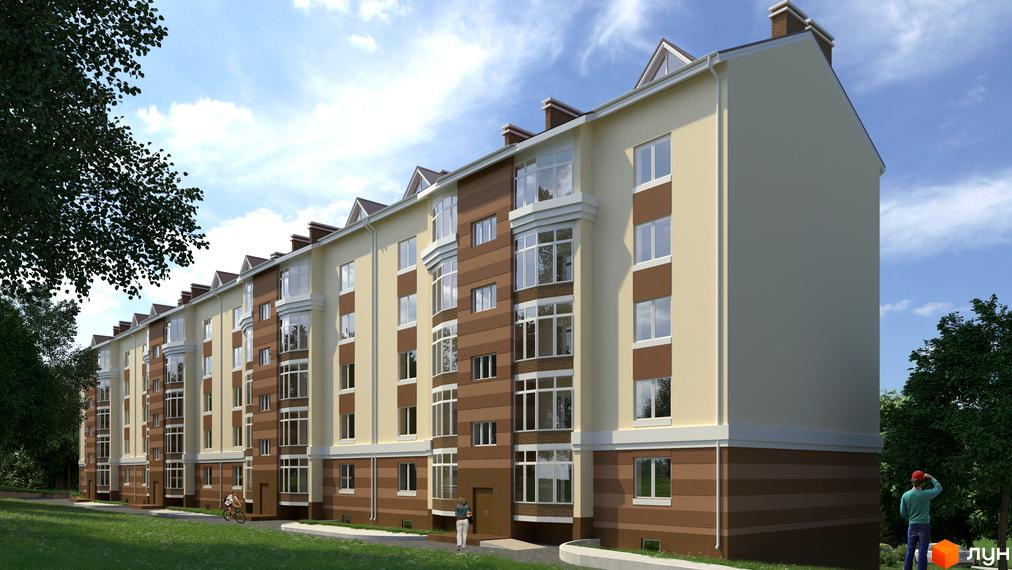 Житловий комплекс Щасливий: багатоповерховий будинок світлого кольору з коричневими вставками та великими вікнами. Навколо будинку зелений газон та дерева.